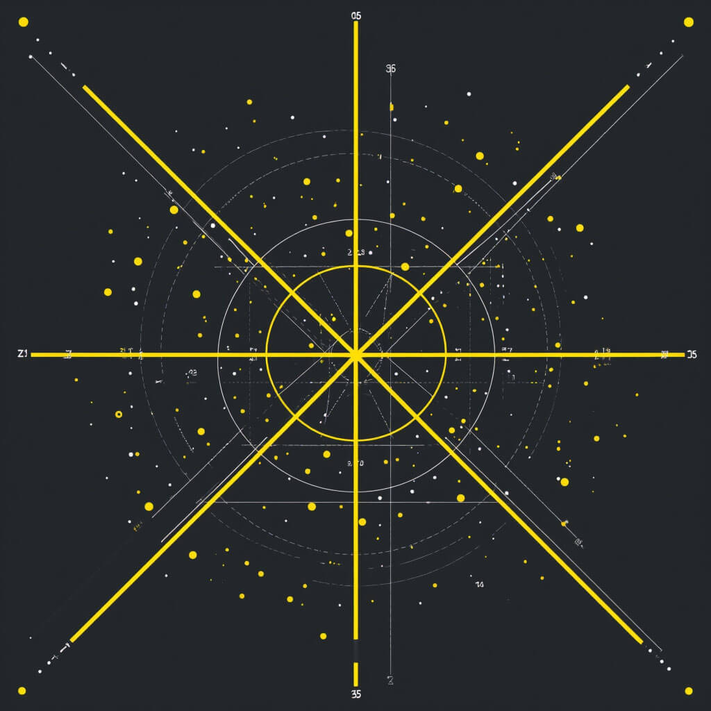 Detailansicht geometrischer Achsen und Schnittpunkte mit feinen Linien, Koordinaten und kleinen Sternpunkten; technisch-analytischer Stil auf dunklem Hintergrund mit gelben Akzenten